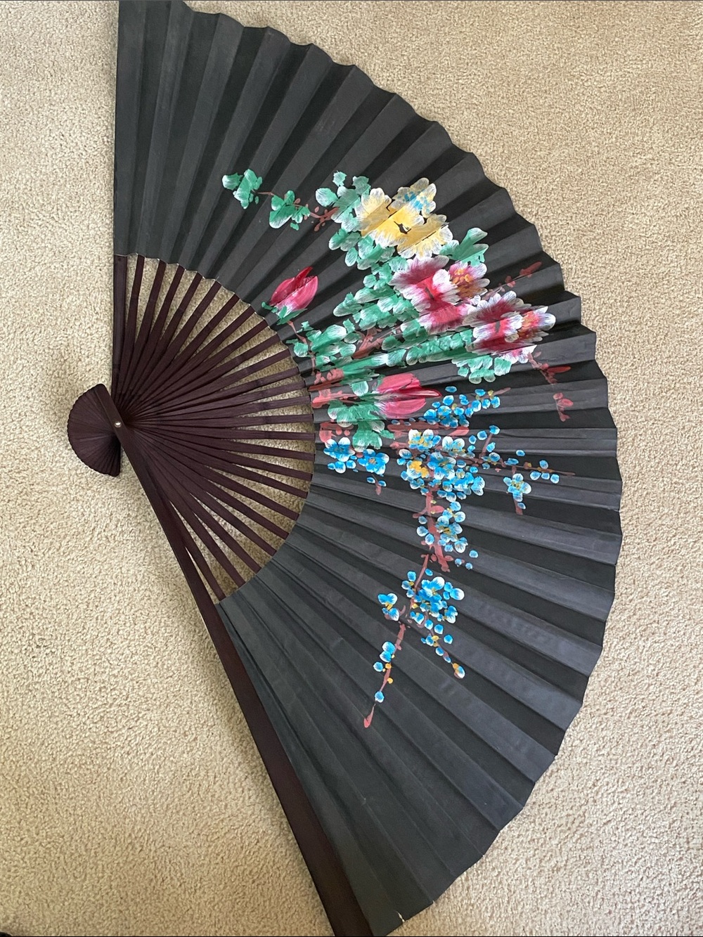 33X55 Inch Vintage 80’s Chinese Hand Painted Decorative Wall Fan
